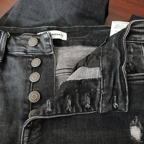 Flying Monkey Jeans 28 Button Fly Mid Rise Slit Flare Distressed Black Stretch - Picture 7 of 10